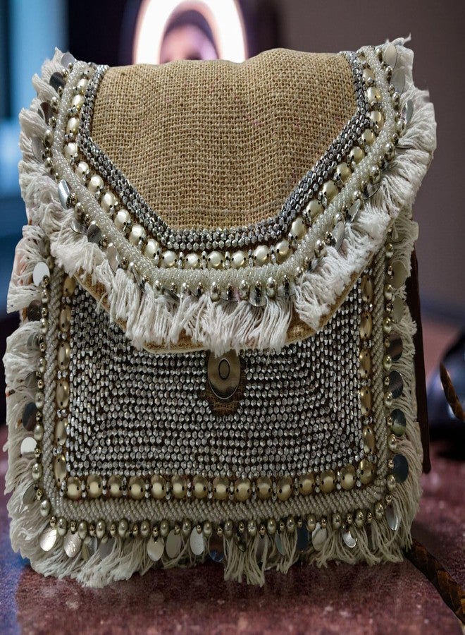 JUTECHO حقيبة كتف مطرزة من الجوت مصنوعة يدويًا من JUTECHO للنساء والفتيات | حقيبة يد كروسبودي بوهيمية بلون طبيعي مع شرابة | متينة وسهلة الغسل، مناسبة للحفلات والاستخدام اليومي - Image 2